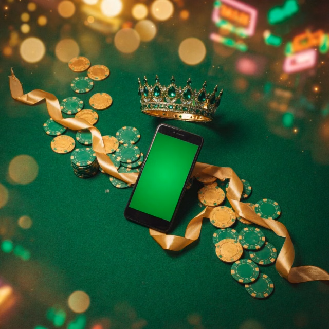 Smartphone with the green 1GO Plus crown emblem glowing above casino chips